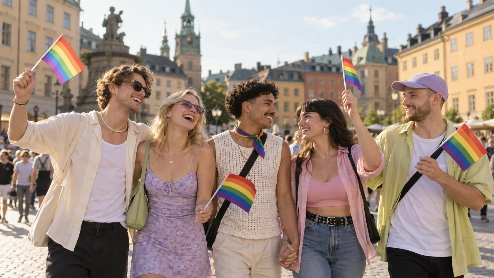Illustration: Vänner firar Pride tillsammans med regnbågsfärger