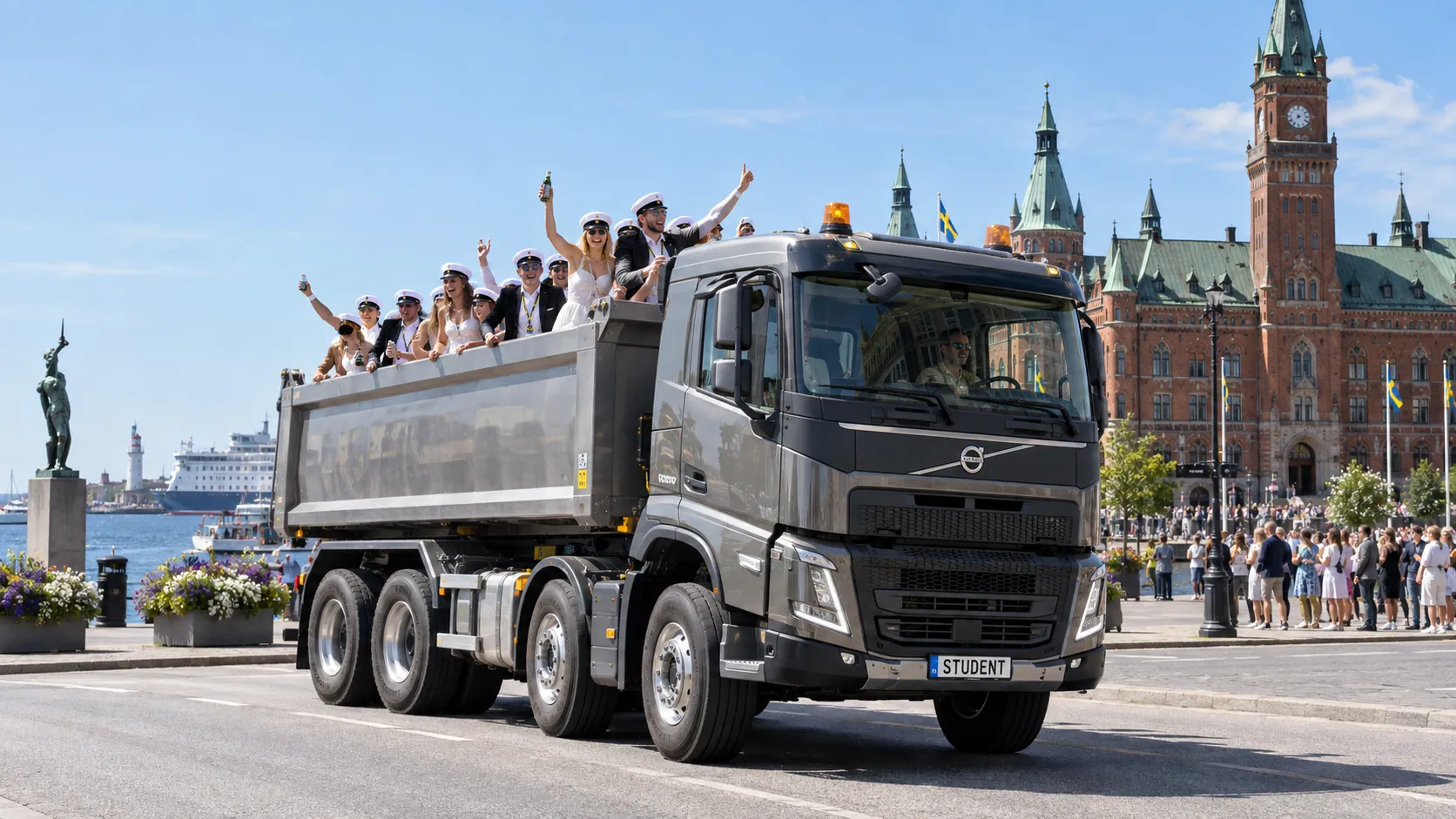 Illustration av studentflak på modern grusbil i Helsingborg