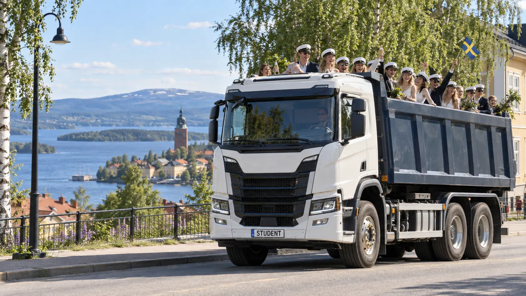 Illustration av studentflak i Jämtland, i en stadsmiljö inspirerad av Östersund