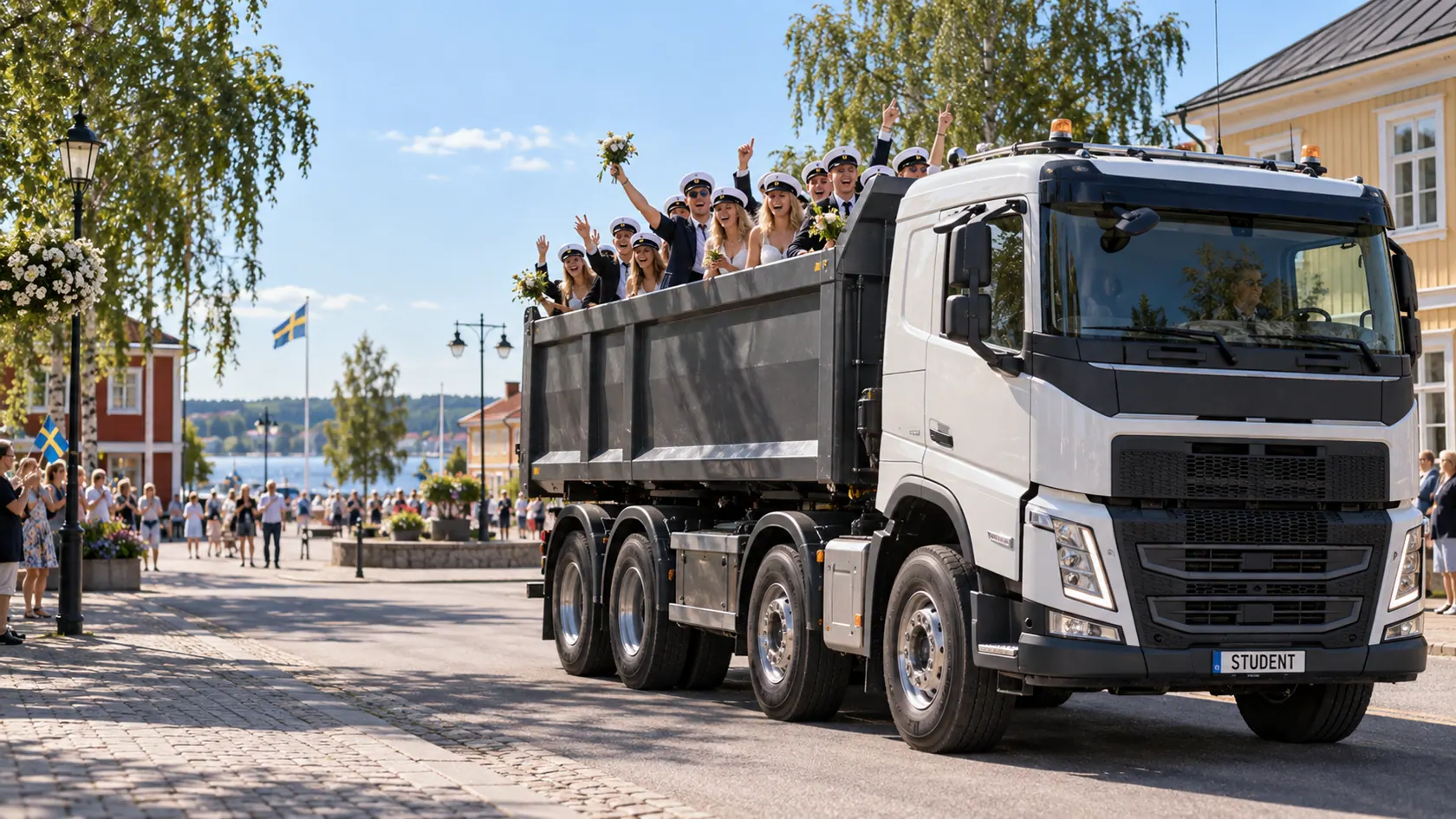 Illustration av studentflak i Norrbotten, i en stadsmiljö inspirerad av Piteå