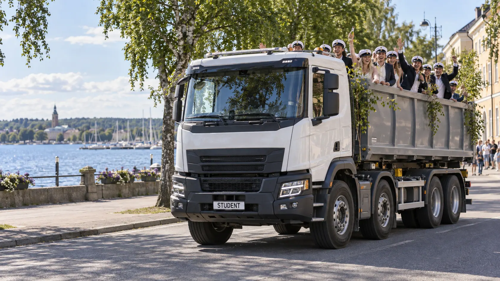 Illustration av studentflak i Östergötland, i en stadsmiljö inspirerad av Motala