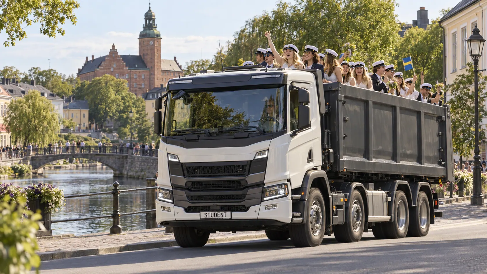 Illustration av ett studentflak med metallkaross i en Nyköpingsinspirerad stadsmiljö