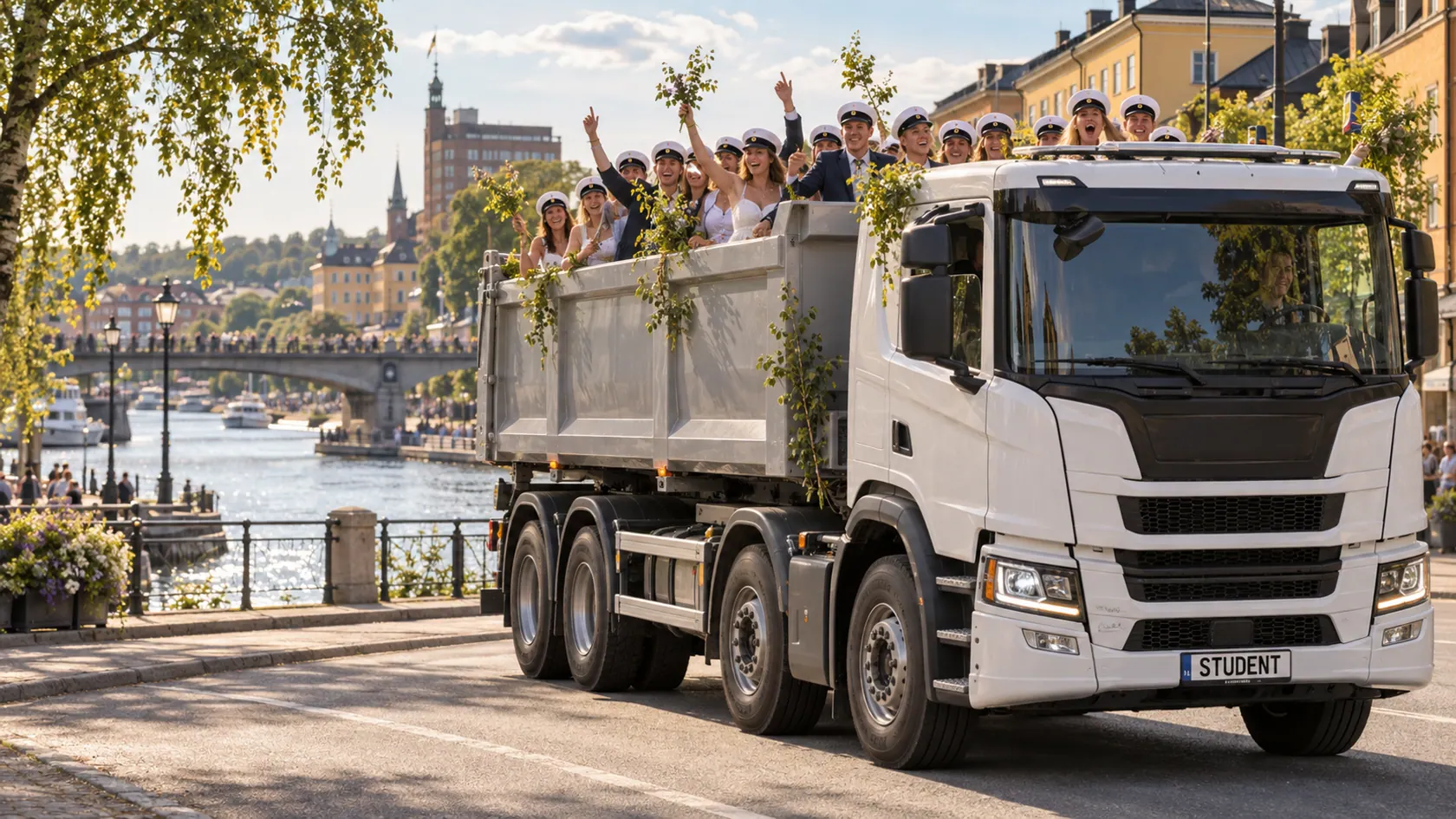 Illustration av studentflak i Stockholms län, i en stadsmiljö inspirerad av Södertälje