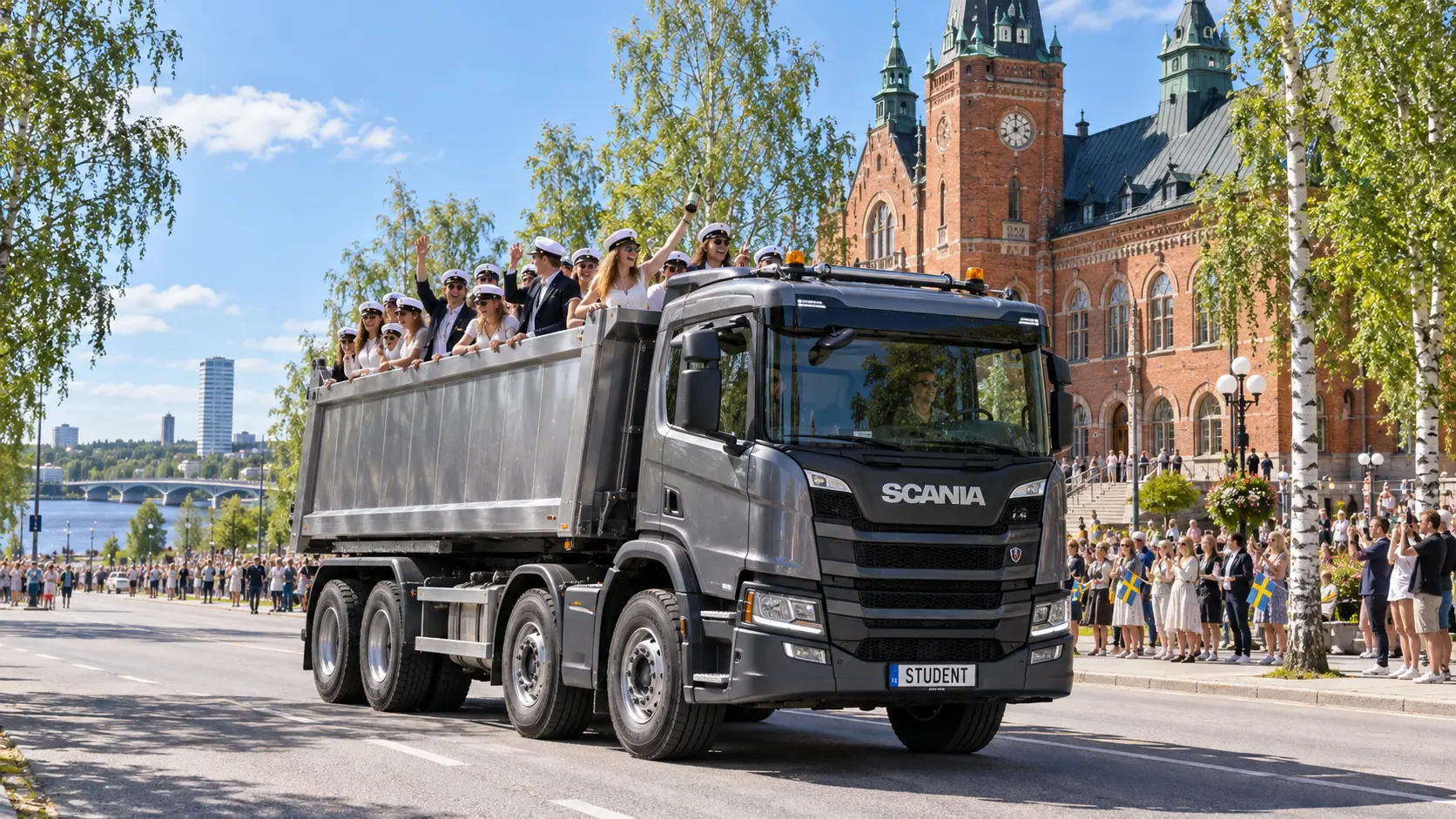 Illustration av studentflak på modern grusbil i Umeå