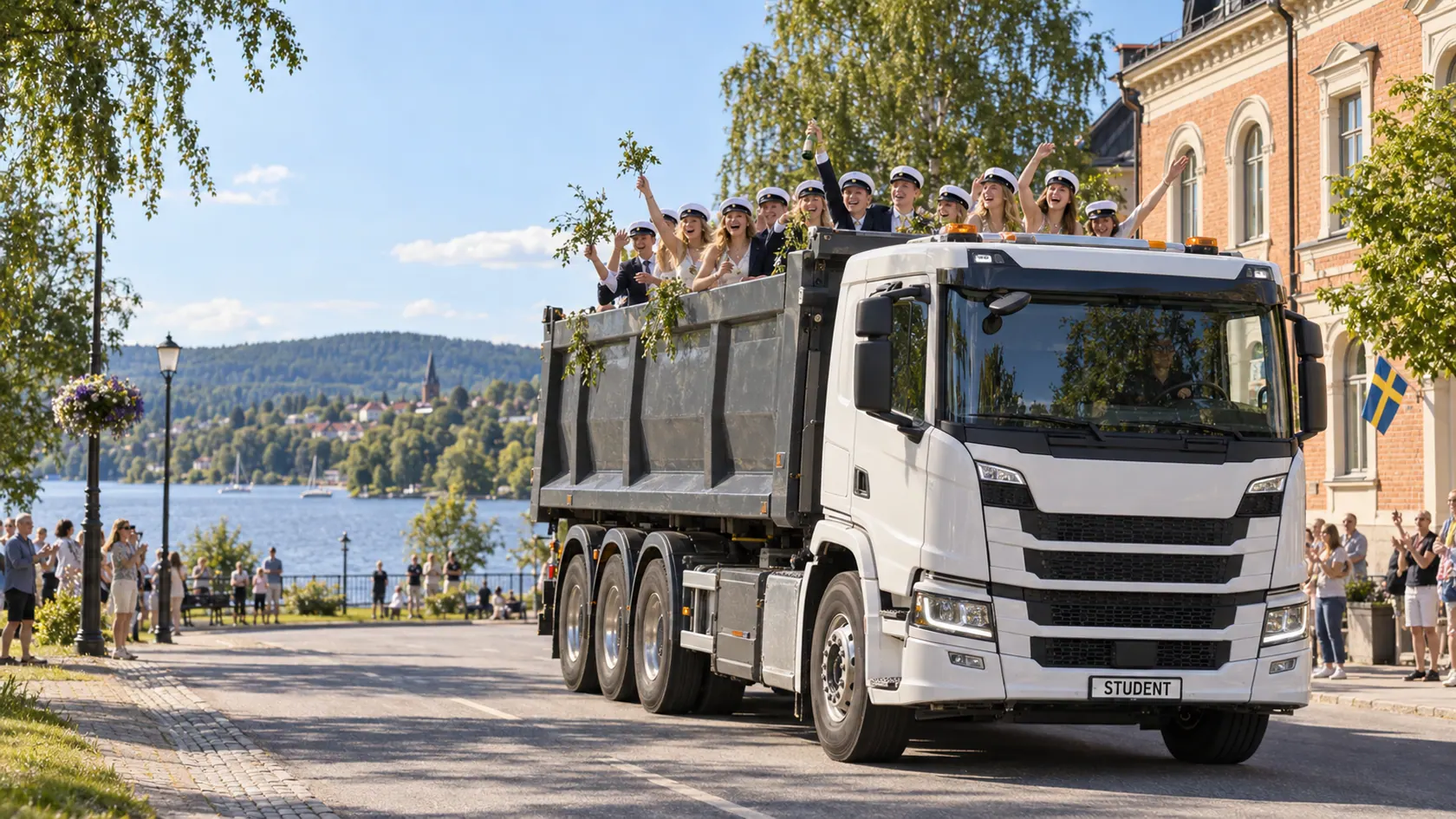 Illustration av studentflak i Värmland, i en stadsmiljö inspirerad av Arvika