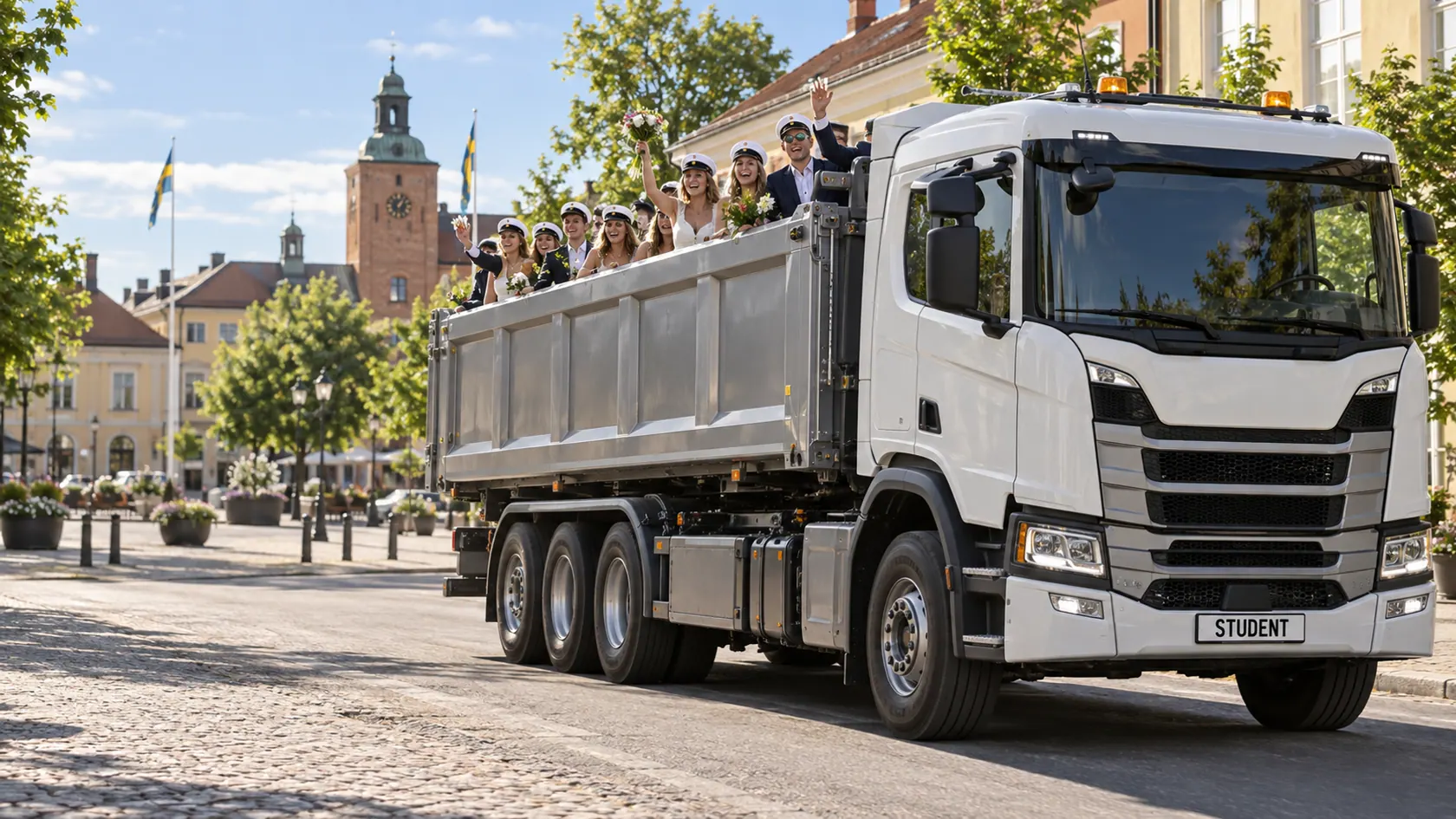 Illustration av studentflak i Västmanland, i en stadsmiljö inspirerad av Köping