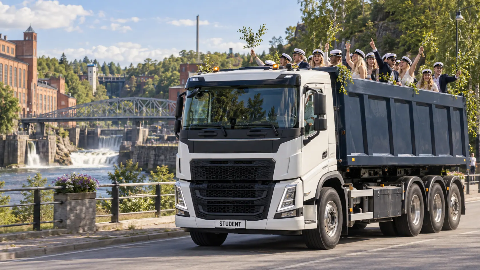 Illustration av studentflak i Västra Götaland, i en stadsmiljö inspirerad av Trollhättan