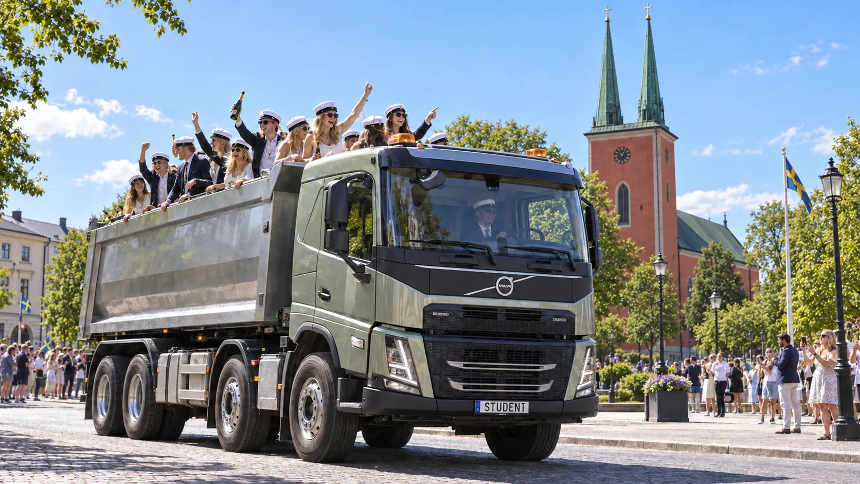 Illustration av studentflak på modern grusbil i Växjö